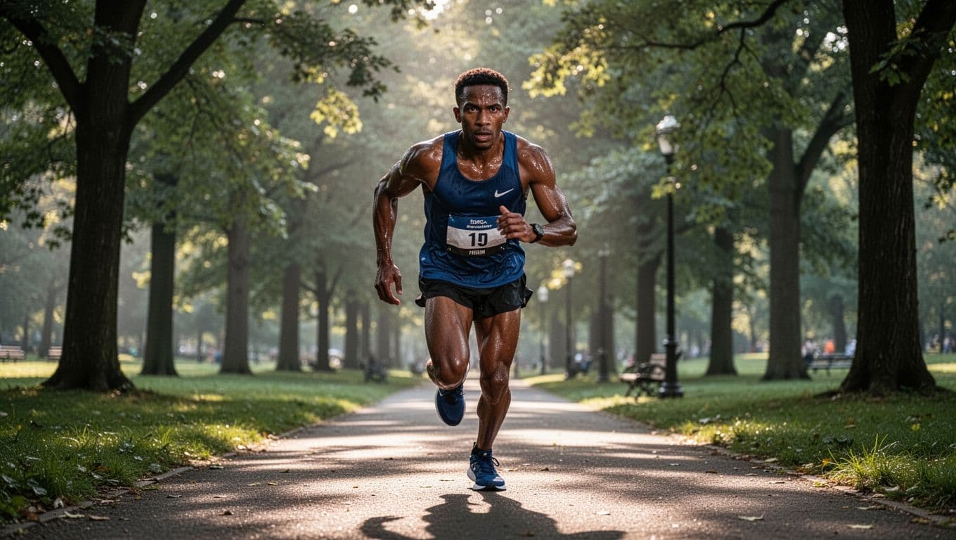 A solo runner pushes forward with intense concentration on a shaded trail in Piedmont Park during the Atlanta Half Marathon, sweat on face, strong upright posture, lush green trees framing the path under subtle morning light rays.