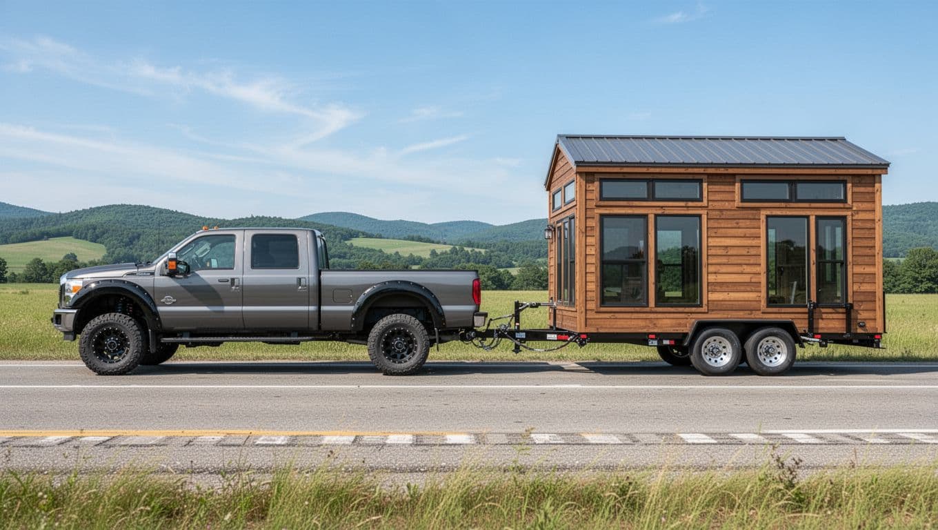 Photorealistic side profile of a heavy-duty Ford F-350 pickup truck towing a 24-foot tiny house trailer with wooden siding and large windows on a straight rural highway under blue skies with distant green hills.