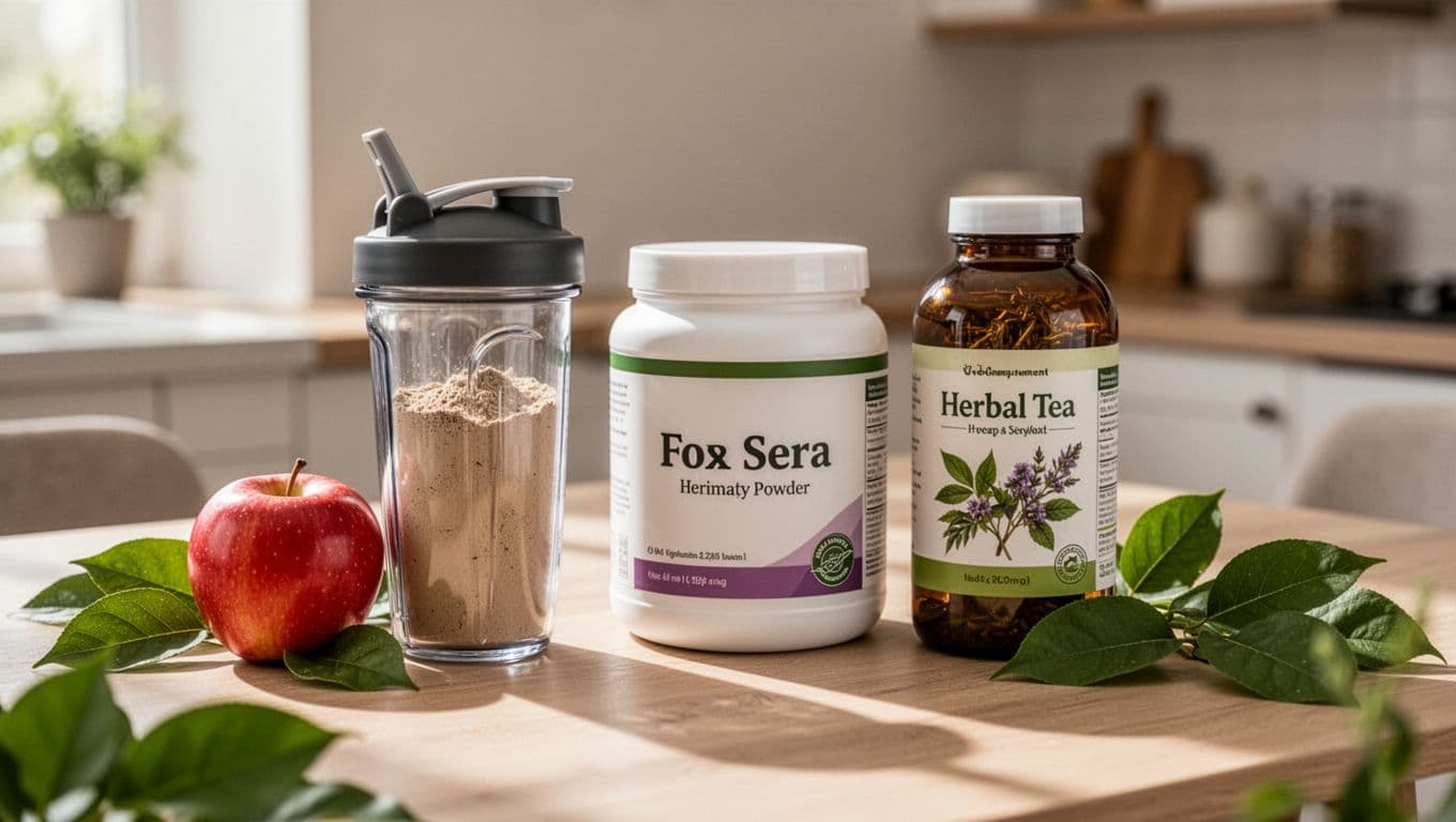 Neat kitchen table setup with one Formula 1 shake jar, one protein powder tub, and one herbal tea bottle, surrounded by fresh apples and green leaves in soft natural indoor lighting.