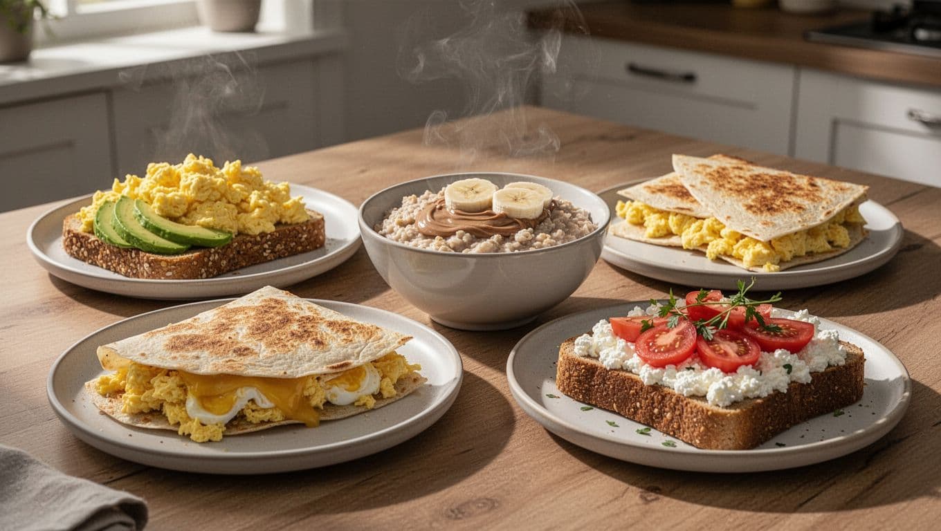 Four appetizing hot breakfast plates on a cozy kitchen table: scrambled eggs on whole grain avocado toast, steaming oatmeal with banana and almond butter, golden egg and cheese quesadilla, and cottage cheese toast with tomatoes and herbs. Side angle photorealistic view with detailed textures, appetizing steam, and warm morning light.