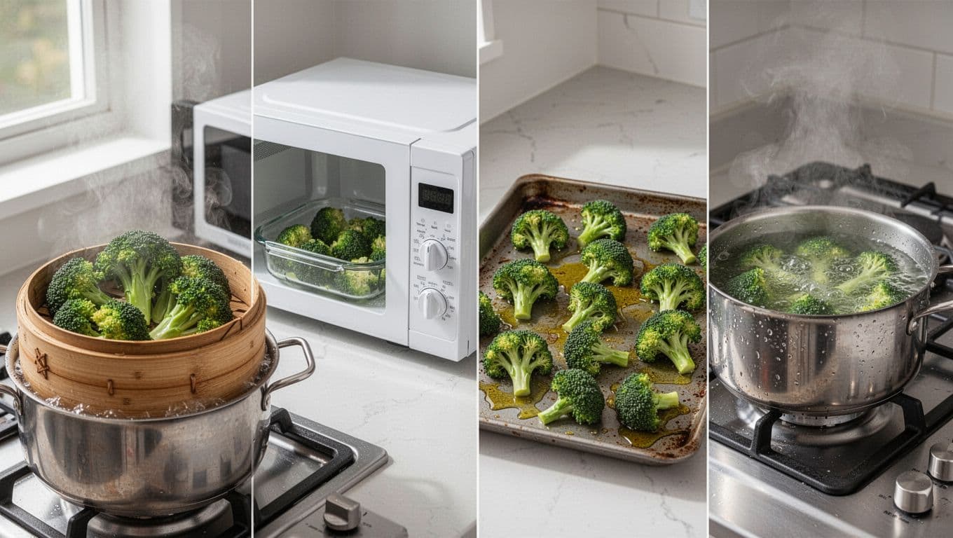 Photorealistic landscape image of a modern kitchen displaying four side-by-side broccoli cooking methods: steaming in bamboo basket, microwaving in glass dish, roasting on baking sheet, and boiling in pot, with natural daylight and high detail on textures.