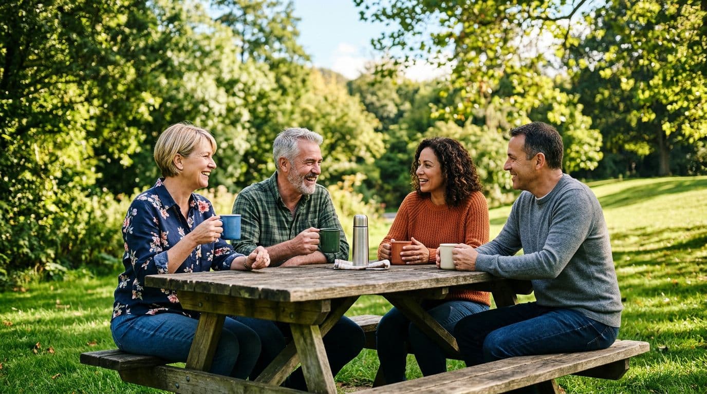 A small group of four middle-aged adults smiling and chatting relaxedly at a park picnic table during a sunny afternoon meetup, holding coffee mugs with green grass and trees in the background.
