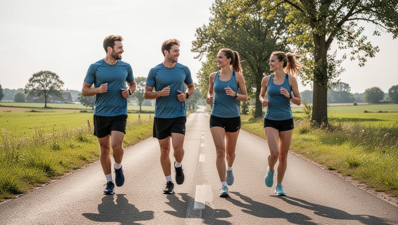 Group of four runners—two men and two women—in running attire, chatting lightly while maintaining pace on a rural road, surrounded by green fields and trees in sunny afternoon light. Photorealistic wide-angle composition with relaxed postures.