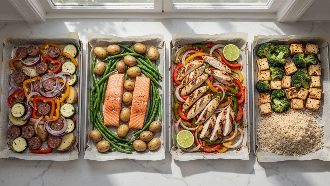 Photorealistic top-down view of four sheet pan dinners on parchment-lined baking sheets: Italian sausage with roasted bell peppers, onions, zucchini, and potatoes; skin-on salmon fillets with baby potatoes and green beans; sliced chicken breast fajita-style with peppers, onions, and lime wedges; cubed firm tofu with broccoli florets and cooked rice.