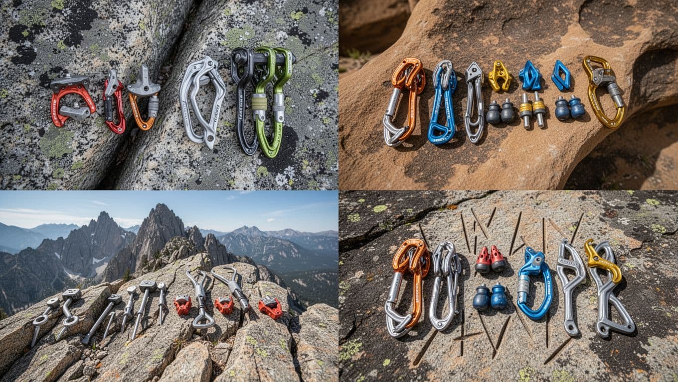 Landscape image of four distinct climbing gear racks on different rock types: granite cracks with Metolius Curve Nuts and cams, sandstone with Black Diamond Stoppers, alpine choss with offsets and small Curve Nuts, and pin scars with Curve Nuts and offsets. Each rack displays 6-8 pieces in size order under natural daylight, high detail, no people or text.