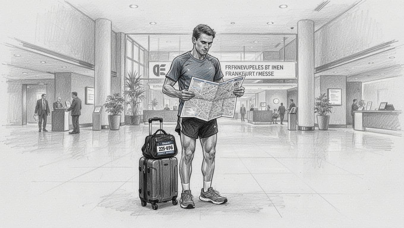 A marathon runner studies a folded map beside luggage in a hotel lobby.