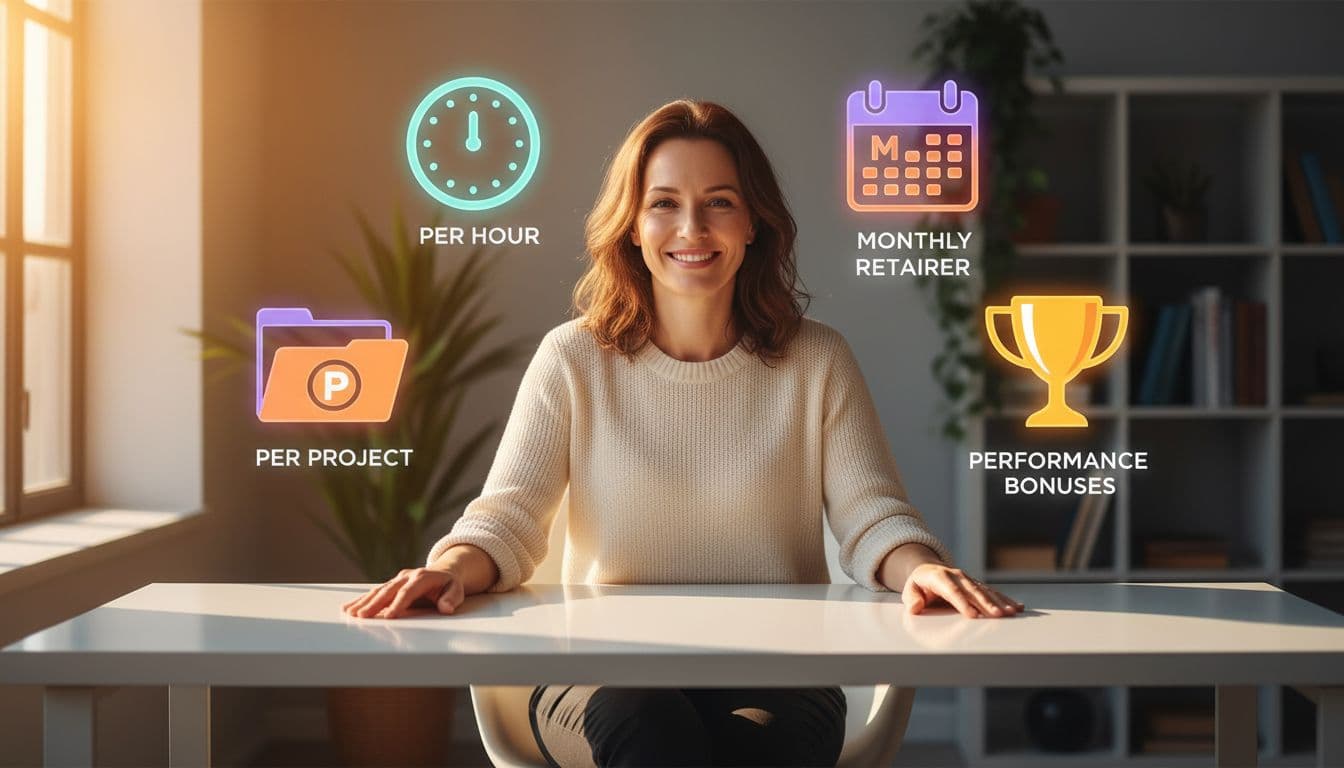 A confident freelancer sitting at a modern desk in a bright home office, surrounded by floating icons of a project folder, hourly clock, monthly calendar for retainer, and a trophy for bonuses, in vibrant colors with motivational lighting.