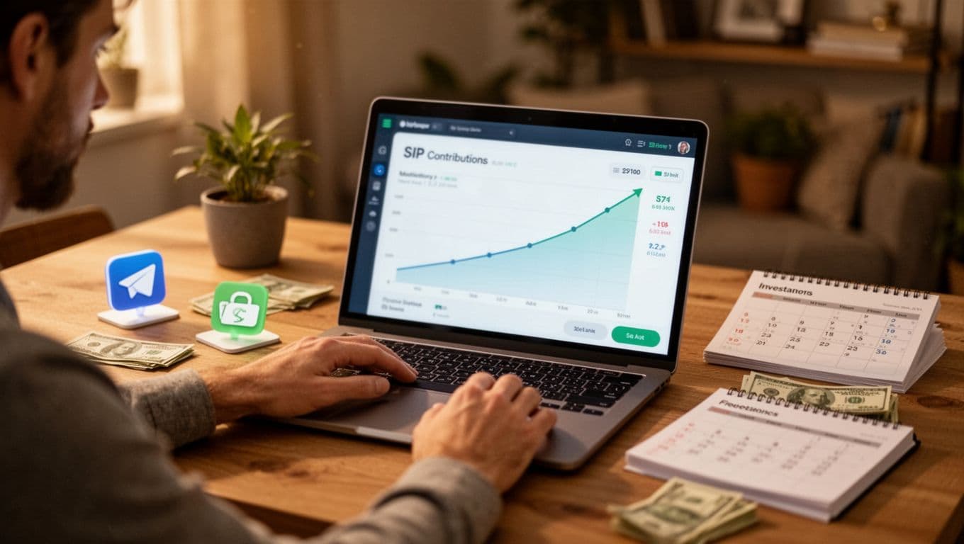 Freelancer at cozy home desk using laptop showing blurred SIP contributions graph rising, with side hustle icons, money notes, and calendar nearby in warm natural light.