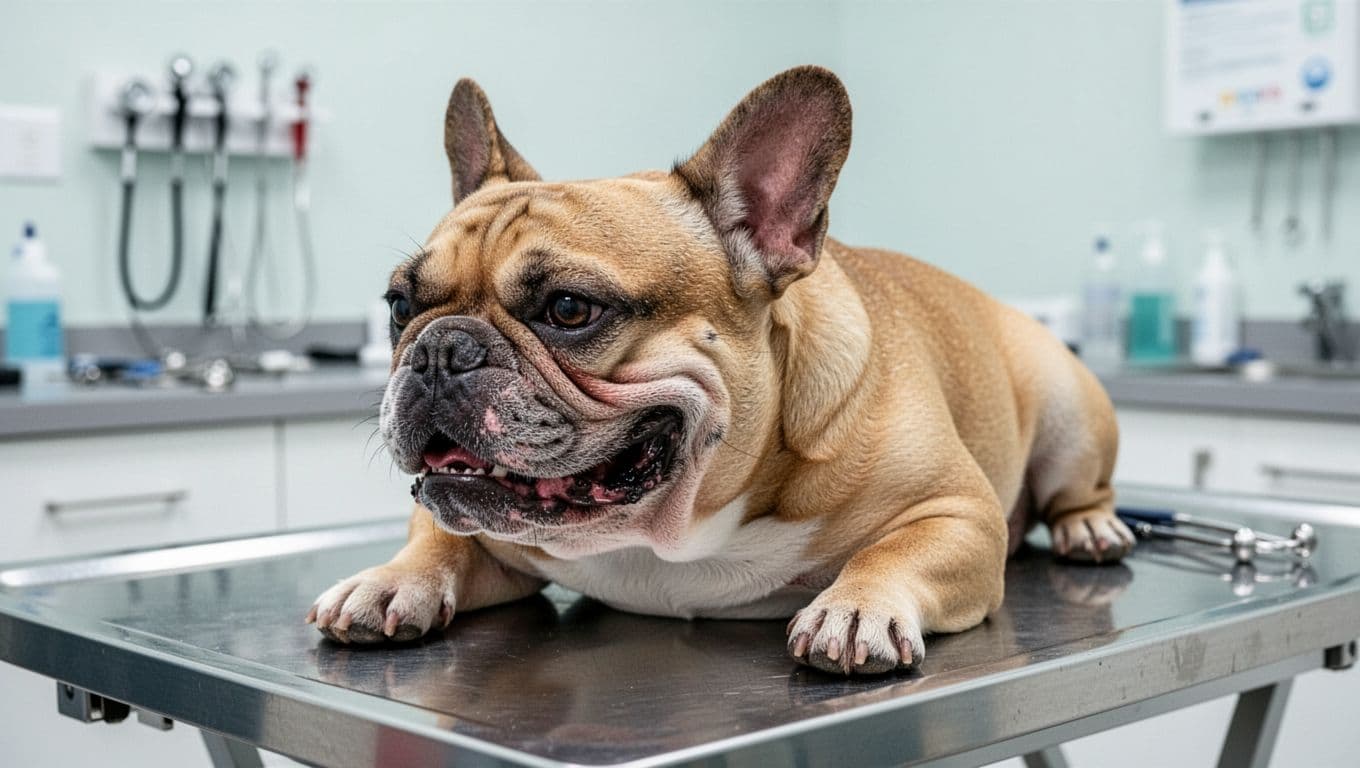 A single French Bulldog rests on a veterinary exam table with mouth slightly open, displaying breathing effort, in a clean clinic setting with soft-focused medical tools. Side-angle composition highlights the face, chest, wrinkles, and expression under gentle clinical lighting.