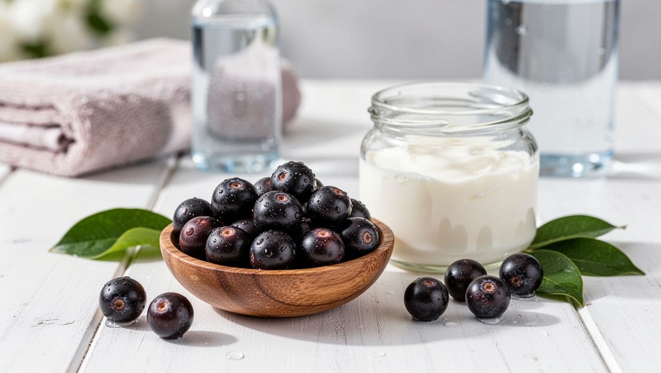 Photorealistic landscape of fresh acai berries and simple skincare setup on a white wooden table in bright natural light, emphasizing healthy antioxidant-rich fruit.