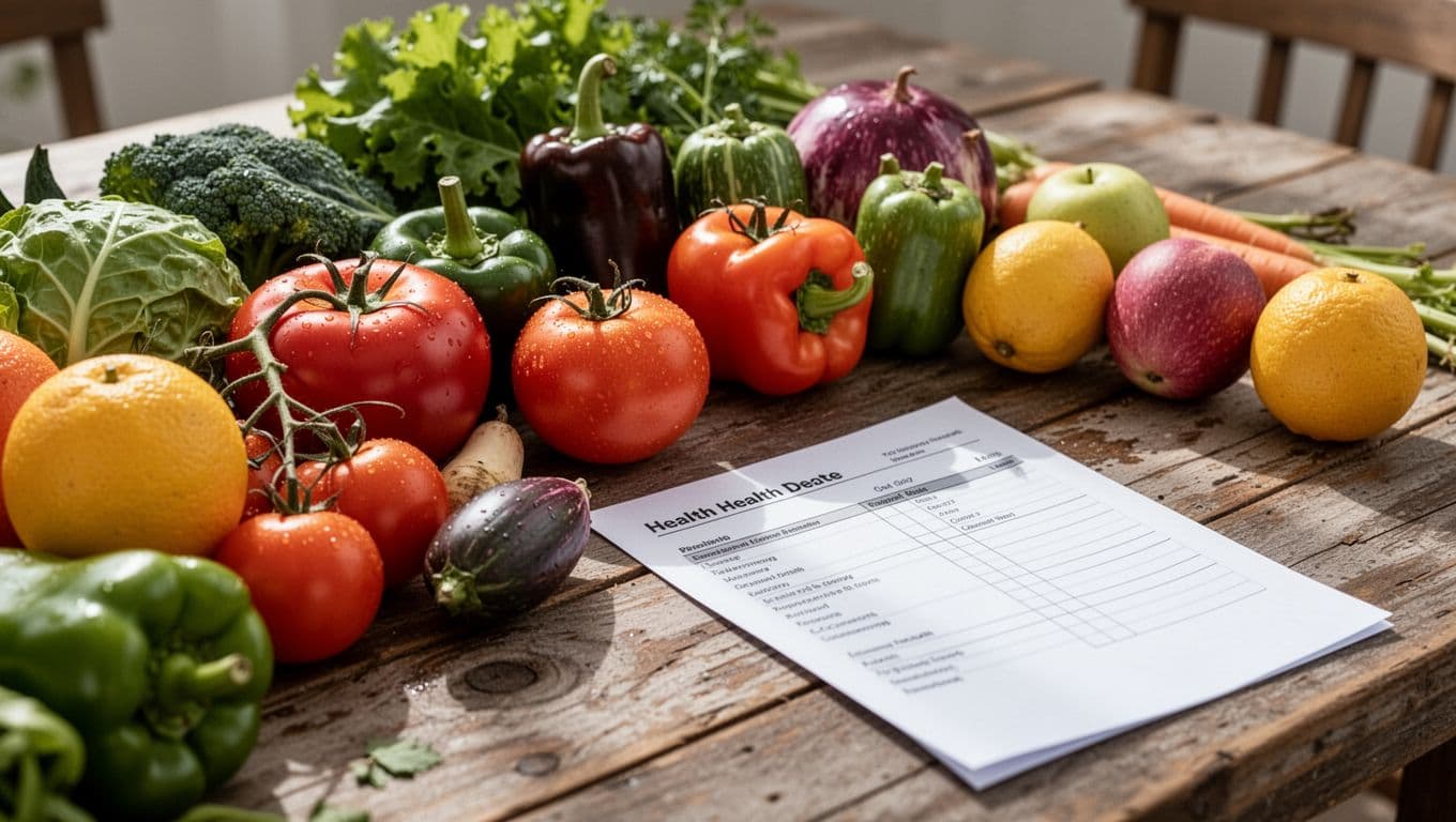 Close-up of colorful fresh vegetables and fruits on a wooden table next to a blood test report showing nutrient levels, captured in photorealistic style with soft natural light.