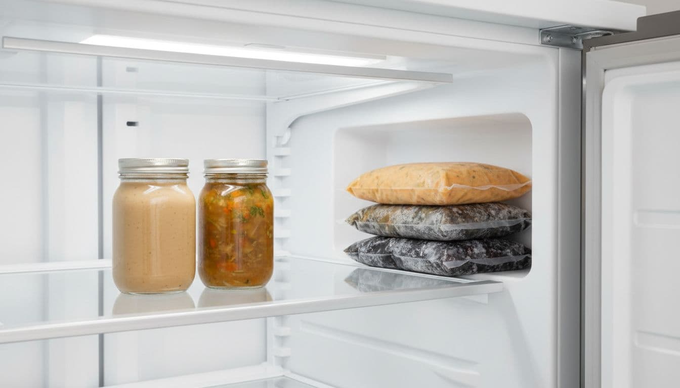 Practical kitchen fridge shelf with two glass jars of creamy beige soup and clear brothy vegetable soup next to a partially open freezer drawer showing flat ziplock bags of frozen soup portions, in a clean organized setup with bright natural light.