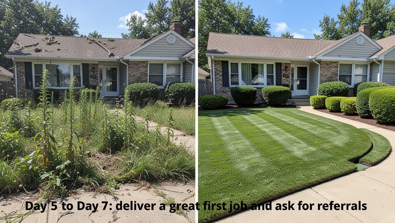 Vertically split composition: left side overgrown messy front yard with tall weeds before cleanup, right side neatly mowed fresh green lawn with edged sidewalks and trimmed bushes after service; summer sunny day residential house in background, realistic photo style.