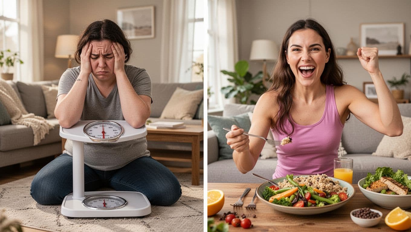 Photorealistic image of a tired, frustrated person looking at a scale after extreme dieting in a cozy living room, contrasted with an energetic person enjoying a balanced low-carb meal nearby. Natural light, simple relaxed poses, exactly two people shown separately with no devices, text, or extras.