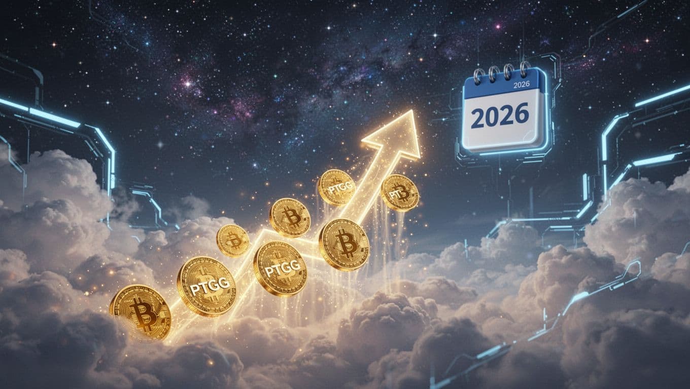 Glowing golden PTGC cryptocurrency tokens form a futuristic upward trending arrow ascending through ethereal clouds toward a subtle 2026 calendar icon on a starry cosmic background with neon blue accents.