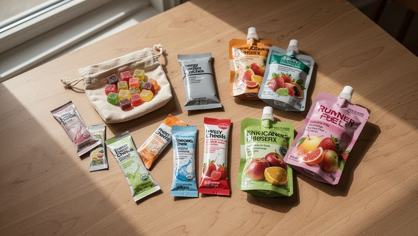 Top view of table with energy chews bag, drink mix packets, and fruit pouches in natural window light.
