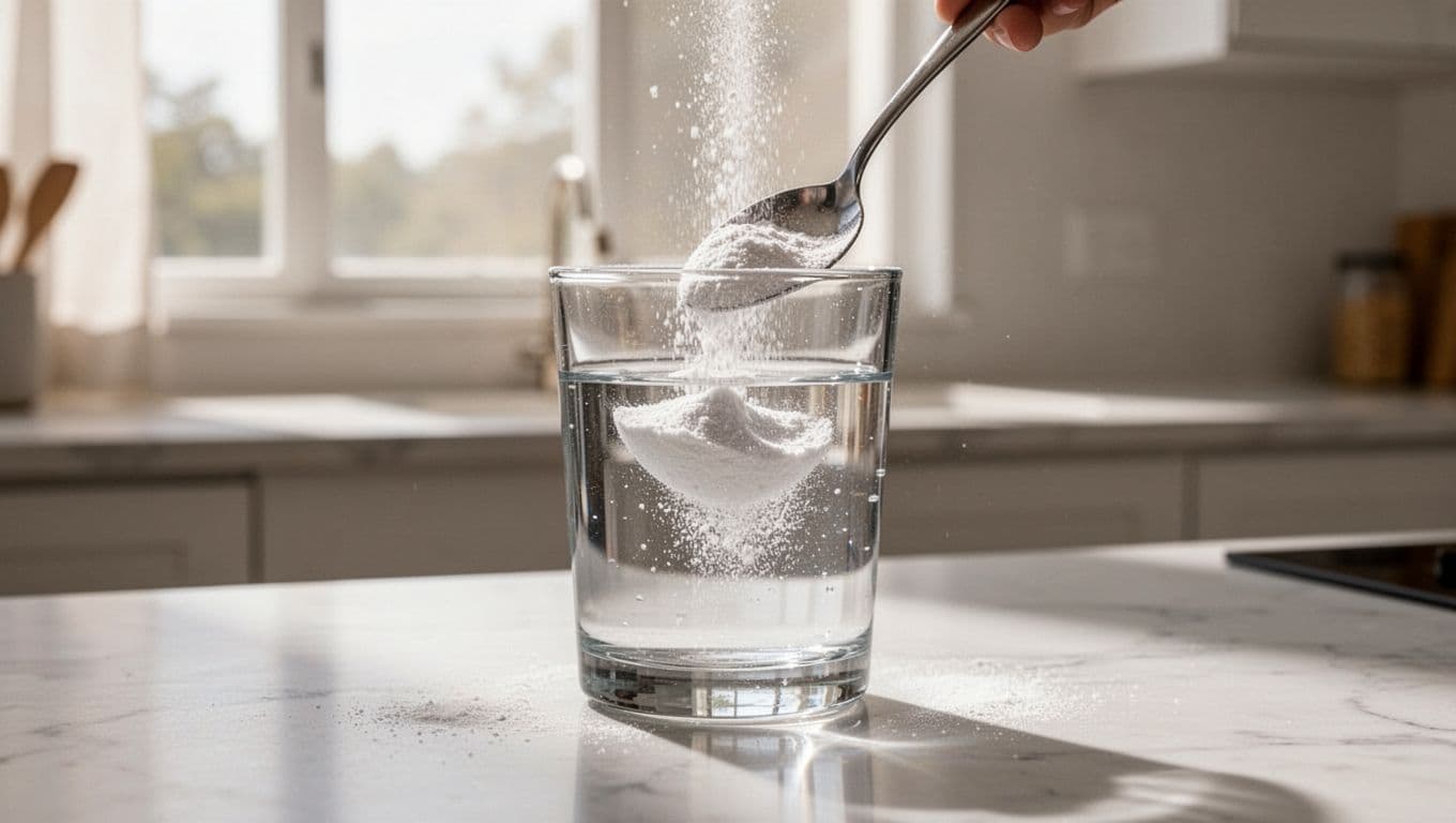 A clear glass filled with water shows a fine white powder swirling throughout the liquid. Bright sunlight illuminates the glass against a clean, minimalist kitchen surface for a crisp appearance.