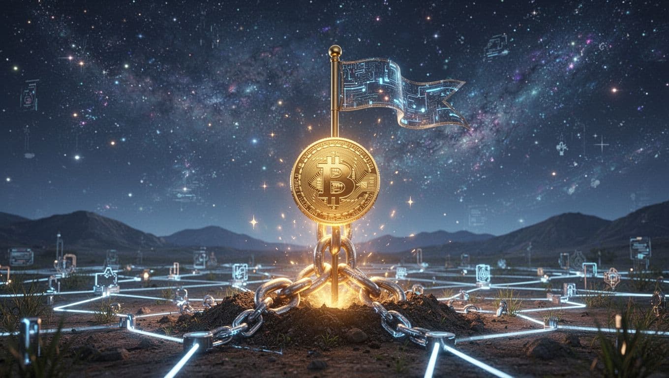 A glowing token emerges from a chain link structure shaped like a flag planting on new ground, symbolizing the first DAO pioneer on a blockchain network against a starry digital cosmos. Vibrant blue and gold tones with soft neon glow in highly detailed digital art style.
