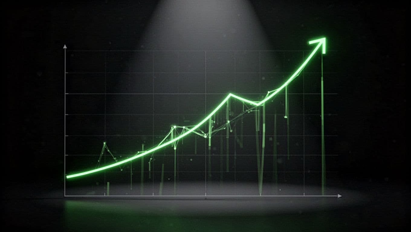 Simple upward trending line graph made of glowing green lines on a dark background, illustrating investment growth with a compounding effect as an accelerating curve in abstract digital art style.
