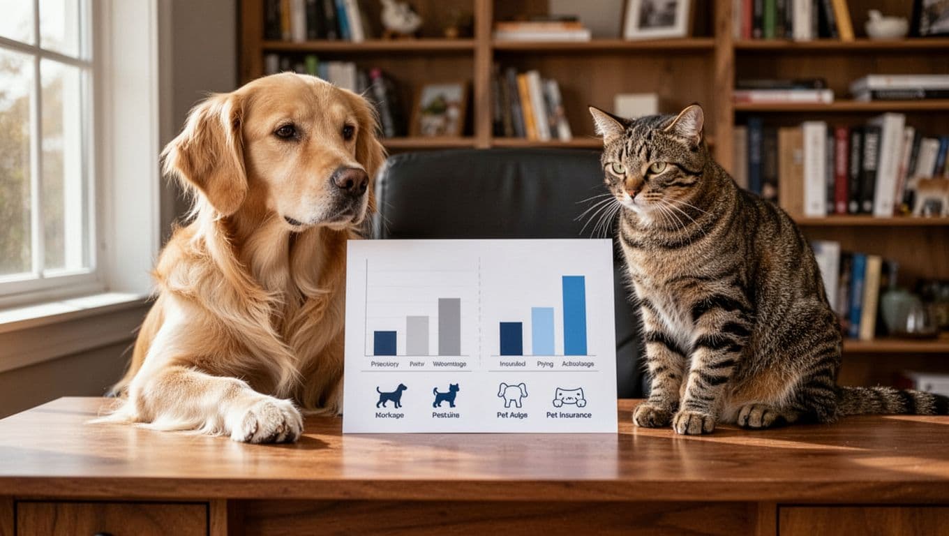 A golden retriever dog and tabby cat sit side by side on a wooden desk, examining a blank comparison chart with bar graphs and icons for pet insurance features in a cozy home office with bookshelves and natural light.