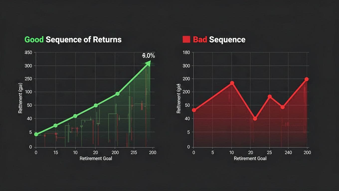 Two side-by-side minimalist timeline graphs: left shows steady upward growth to retirement goal in green, right depicts early dips delaying recovery in red, on dark background.