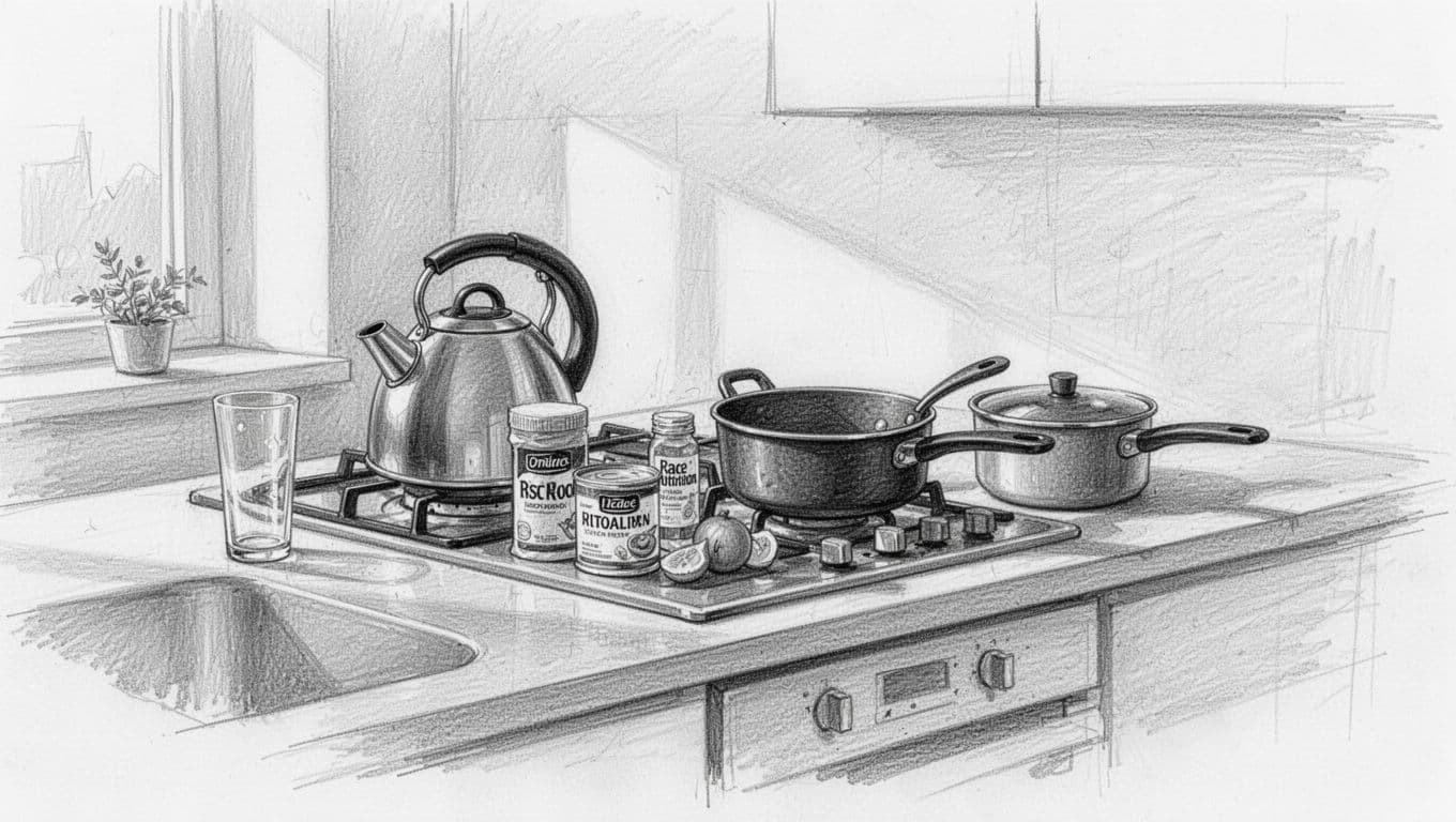 Graphite sketch of a tidy kitchen with a kettle, stovetop, and cookware.