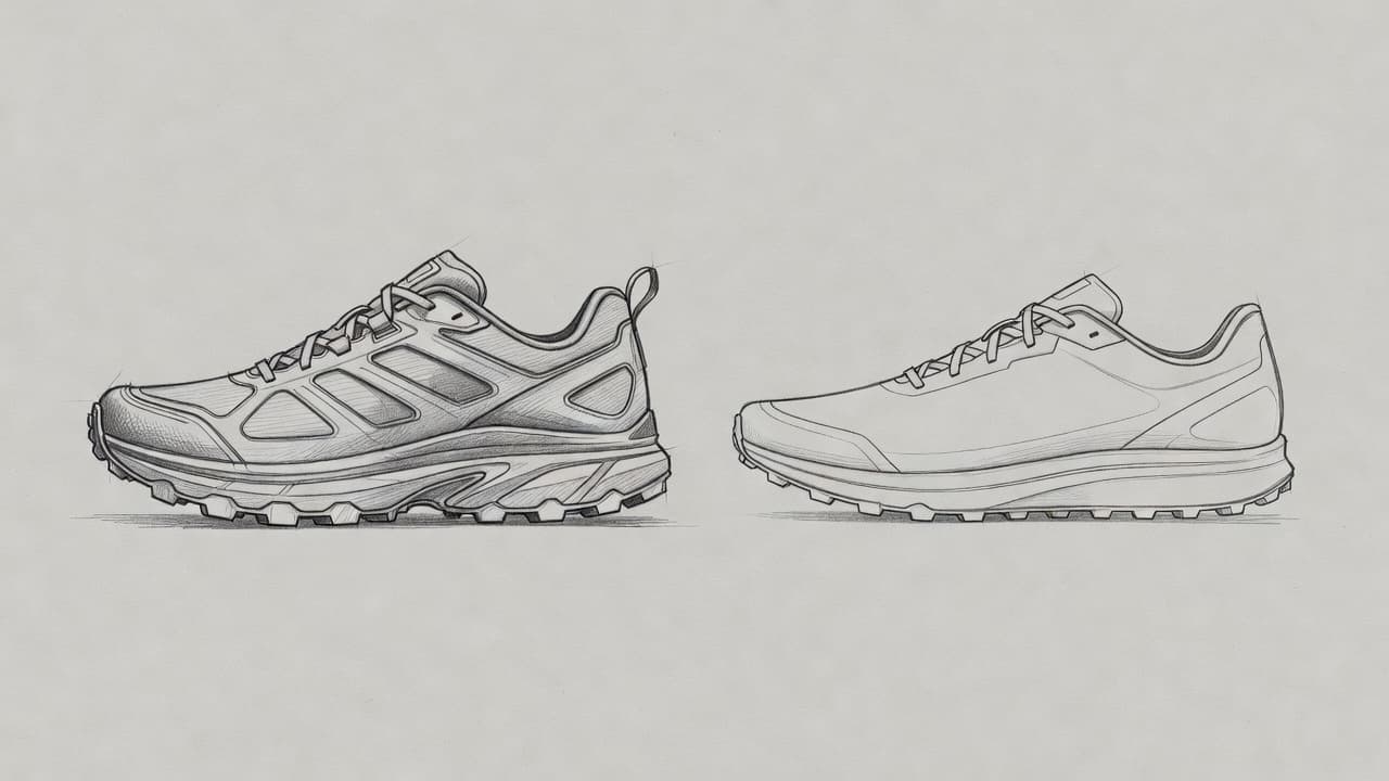 A detailed graphite drawing on textured gray paper displays two running shoes side by side. One design features thick, aggressive treads for stability, while the adjacent shoe appears slim and lightweight.