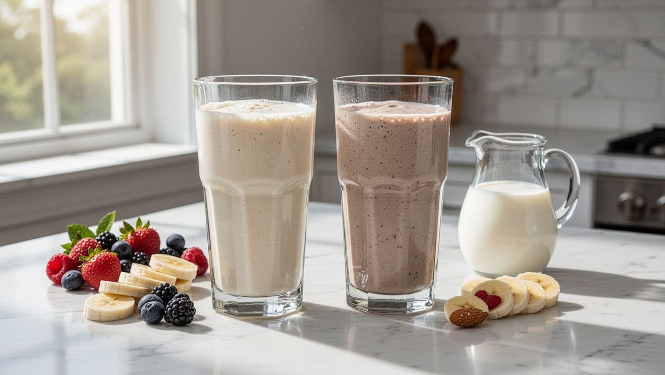 Side-by-side comparison of smooth creamy grass-fed whey shake and thicker regular whey shake in clear glasses on a white marble counter, with berries, banana slices, and almond milk nearby under natural light.