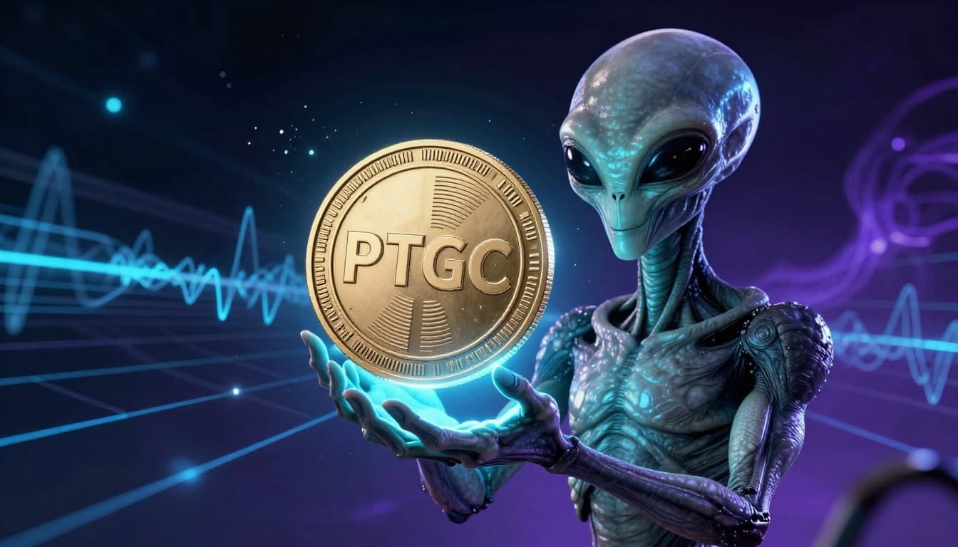 A gray alien holds a glowing cryptocurrency coin labeled PTGC with relaxed hands against a futuristic blockchain network background featuring pulse waves on PulseChain in a dark cosmic sci-fi setting with neon blue-purple lighting.