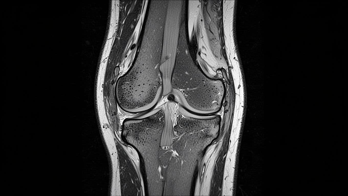 Grayscale MRI scan image of a human knee joint in axial view, clearly showing bones, cartilage, meniscus, ligaments with subtle wear on cartilage surfaces in realistic medical radiology style with high detail and contrast.