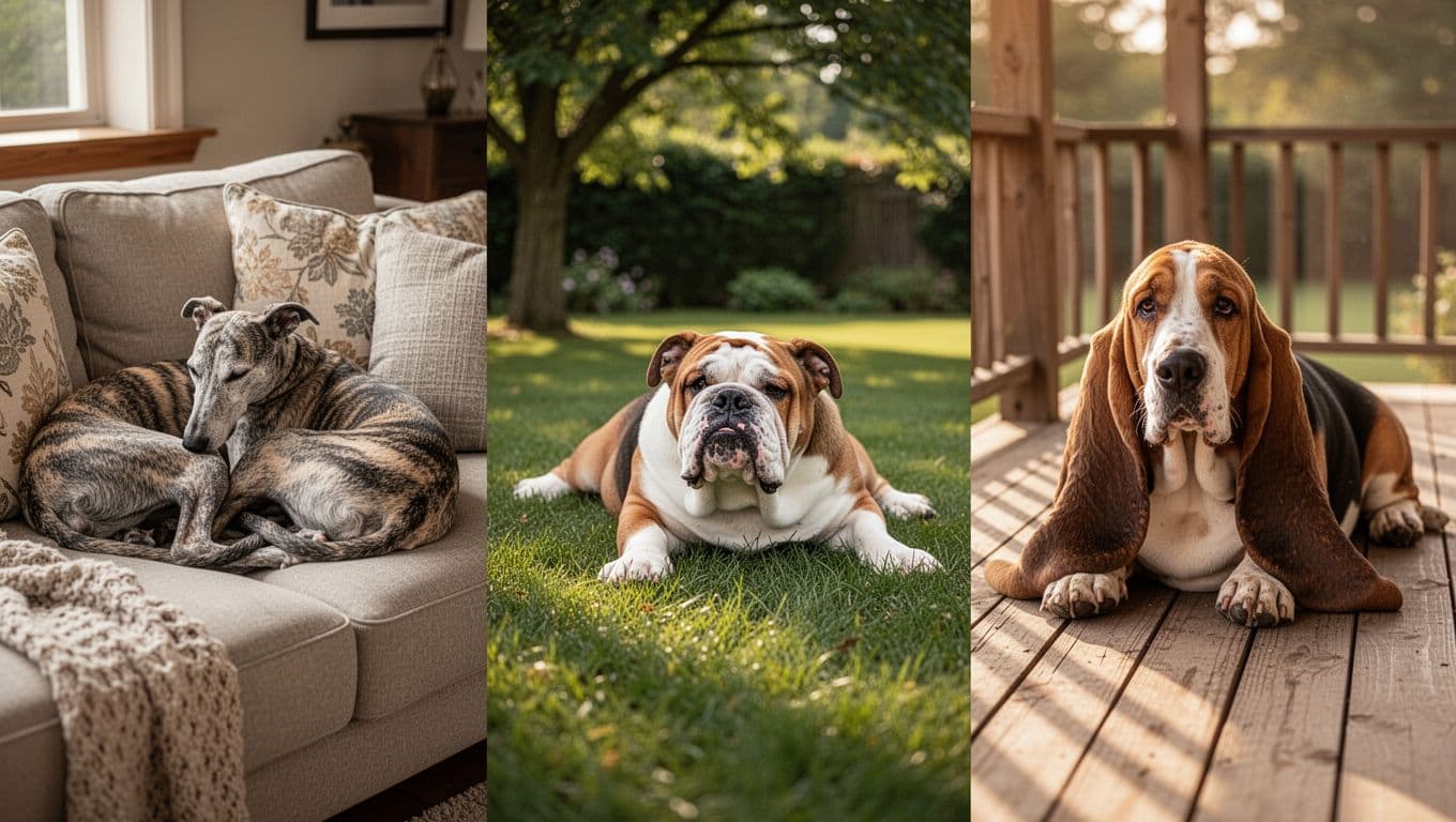 Photorealistic landscape image in three panels: Greyhound sleeping on a cozy couch, Bulldog lounging on green grass, and Basset Hound resting on a wooden porch, bathed in warm natural light.