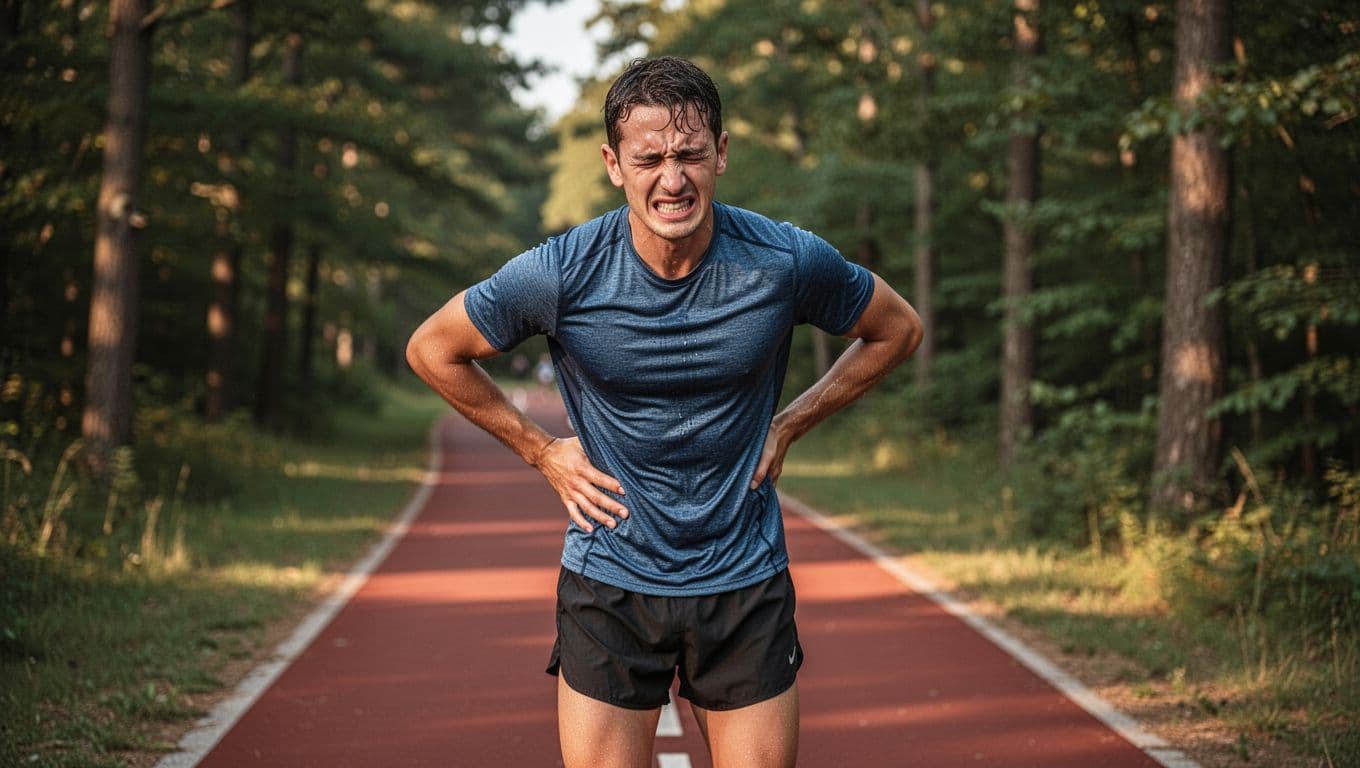 A runner stands on a running trail holding one hand to their lower back with a pained grimace and sweat on their forehead, wearing running shorts and shirt, with path and trees in the background in realistic photo style under natural afternoon light.