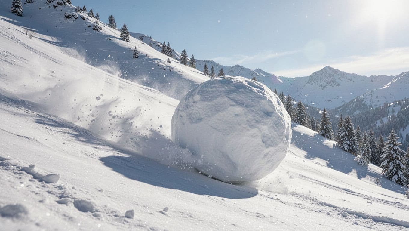 A snowball begins small at the top of a gentle snowy mountain slope and grows massive by the bottom, gathering snow as it rolls under bright winter sunlight in a dynamic side-angle realistic photography style.