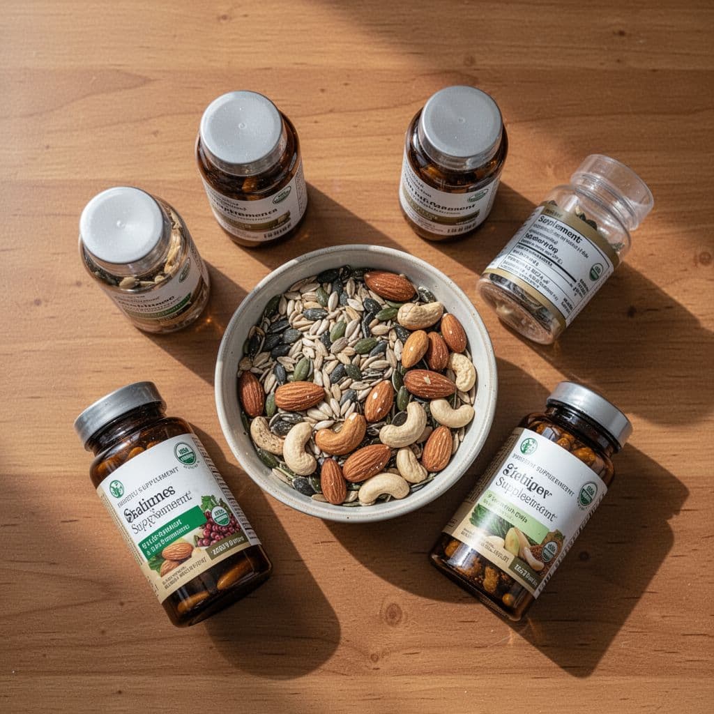 Natural supplement bottles arranged with a bowl of seeds and nuts on a wooden table.
