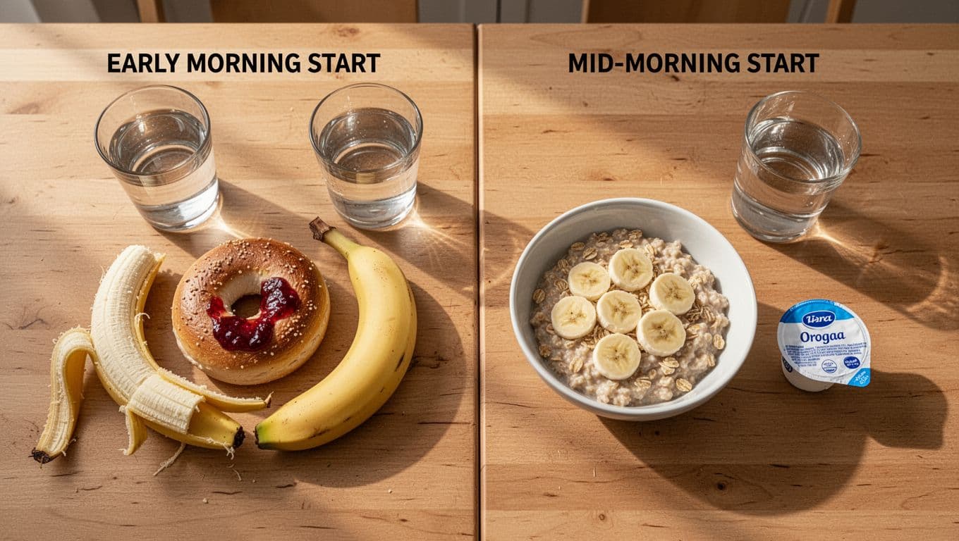 Top-down photo of a wooden kitchen table with two side-by-side half marathon pre-race breakfasts in morning sunlight: left is early morning bagel with jam, banana, and water; right is mid-morning oatmeal with banana slices, yogurt, and water.