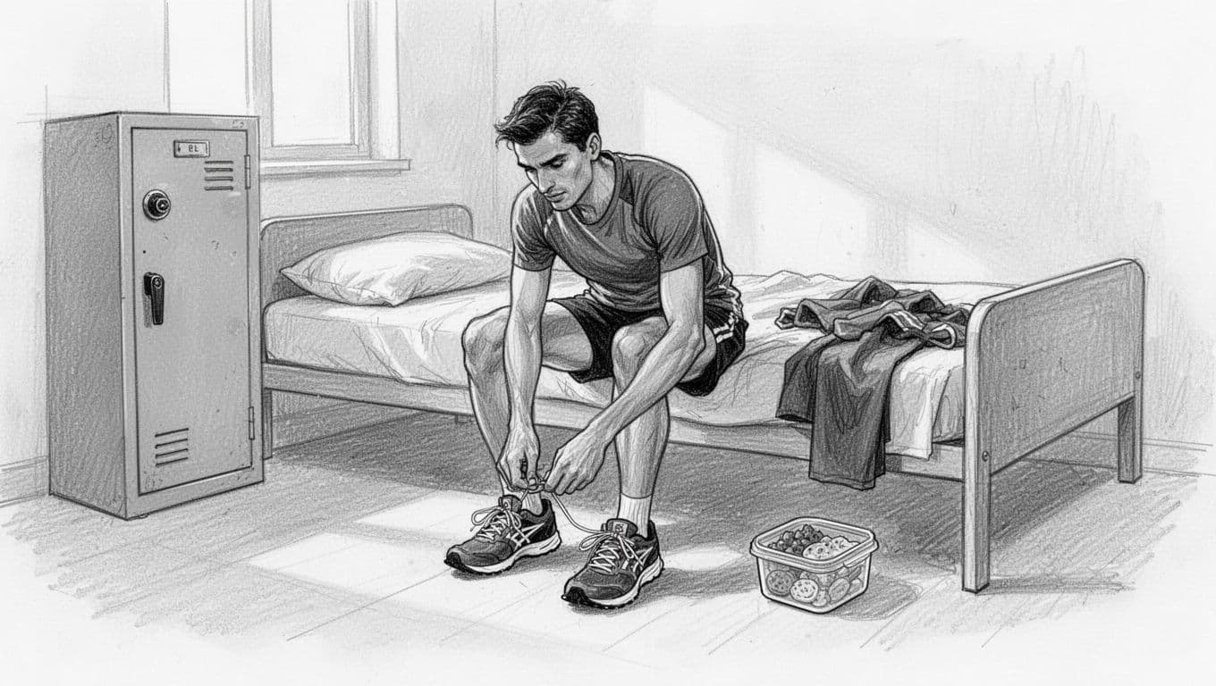 Runner's shoes and clothing sit beside a bed, locker, and food container in a hostel room.