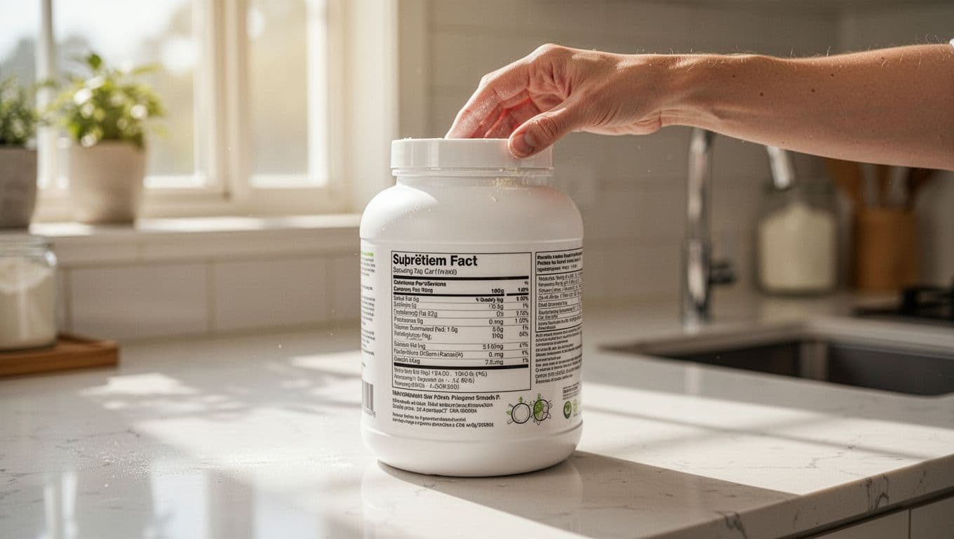 A person's hand holds open a tub of high calorie protein powder on a kitchen counter, closely inspecting the nutrition label and ingredients list in realistic photography with soft natural lighting.