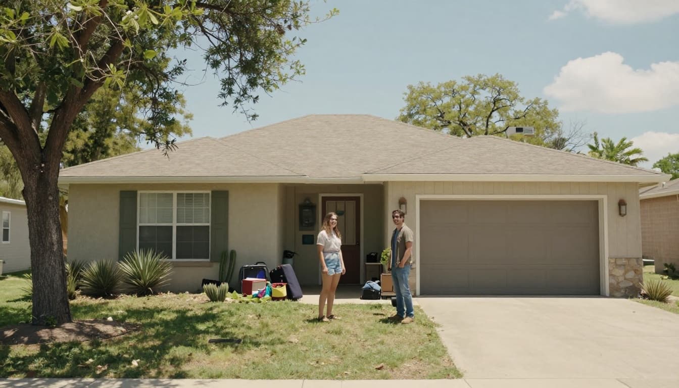 A smiling couple stands outside a modest multi-unit house in a sunny Texas landscape dotted with cacti, with luggage nearby suggesting they are moving in, captured in a realistic photo style under bright daylight.