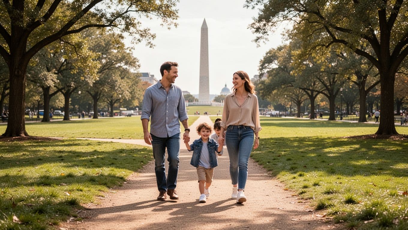 A smiling family with two young kids walks together on a sunny path through a spacious park.