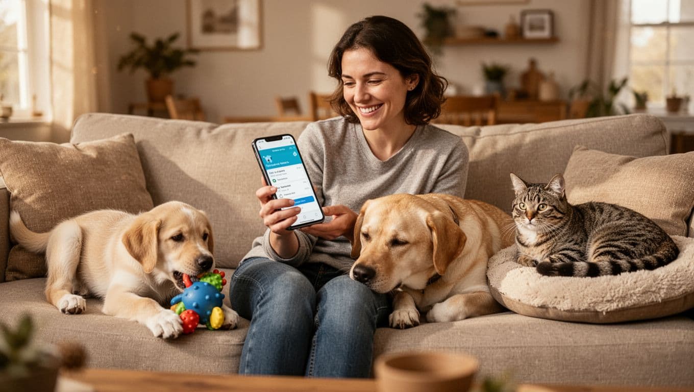 A happy pet owner in their 30s sits on a living room couch holding a smartphone to review pet care plans, with a playful young puppy chewing a toy, a resting Labrador retriever, and a lounging senior cat in a warm home interior bathed in soft afternoon light.