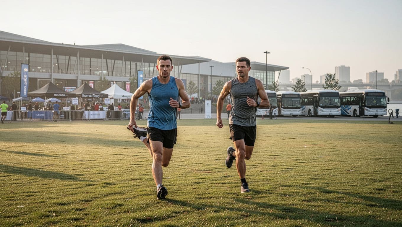 Runners at the Harrisburg Marathon expo hall browse vendor booths, board shuttle buses near the Susquehanna River waterfront, and transition to warm-up areas with stretching and light jogging on grassy fields.