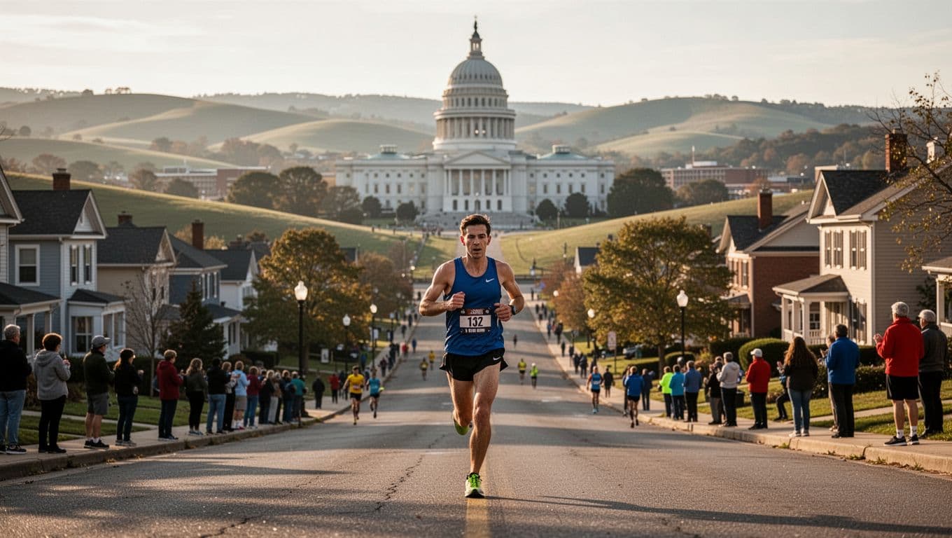 A solo runner navigates gentle hills through central Harrisburg, Pennsylvania, passing the State Capitol building during mid-marathon miles, with cheering crowds and mid-morning sunlight in a realistic landscape photo.