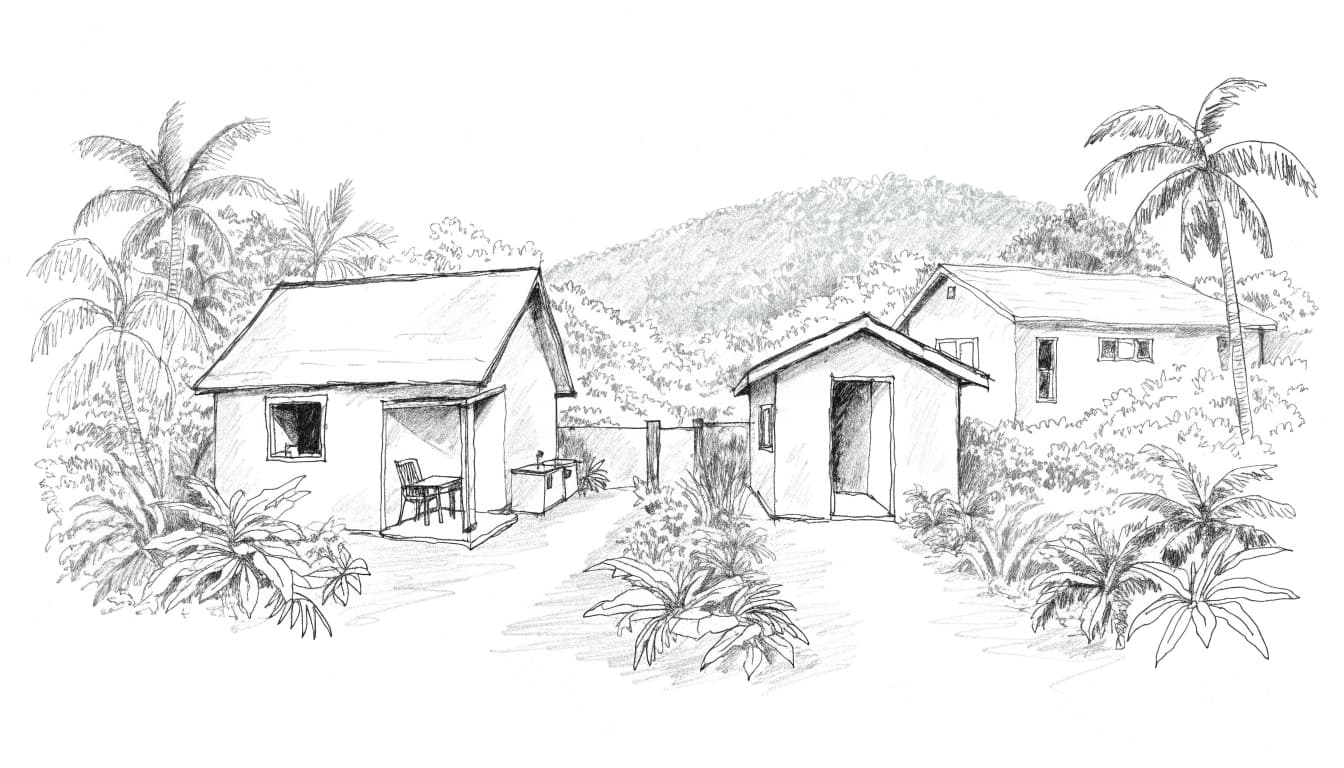 A pencil sketch of Hawaii vacation stays with a standalone cottage, guest unit, and palm trees.