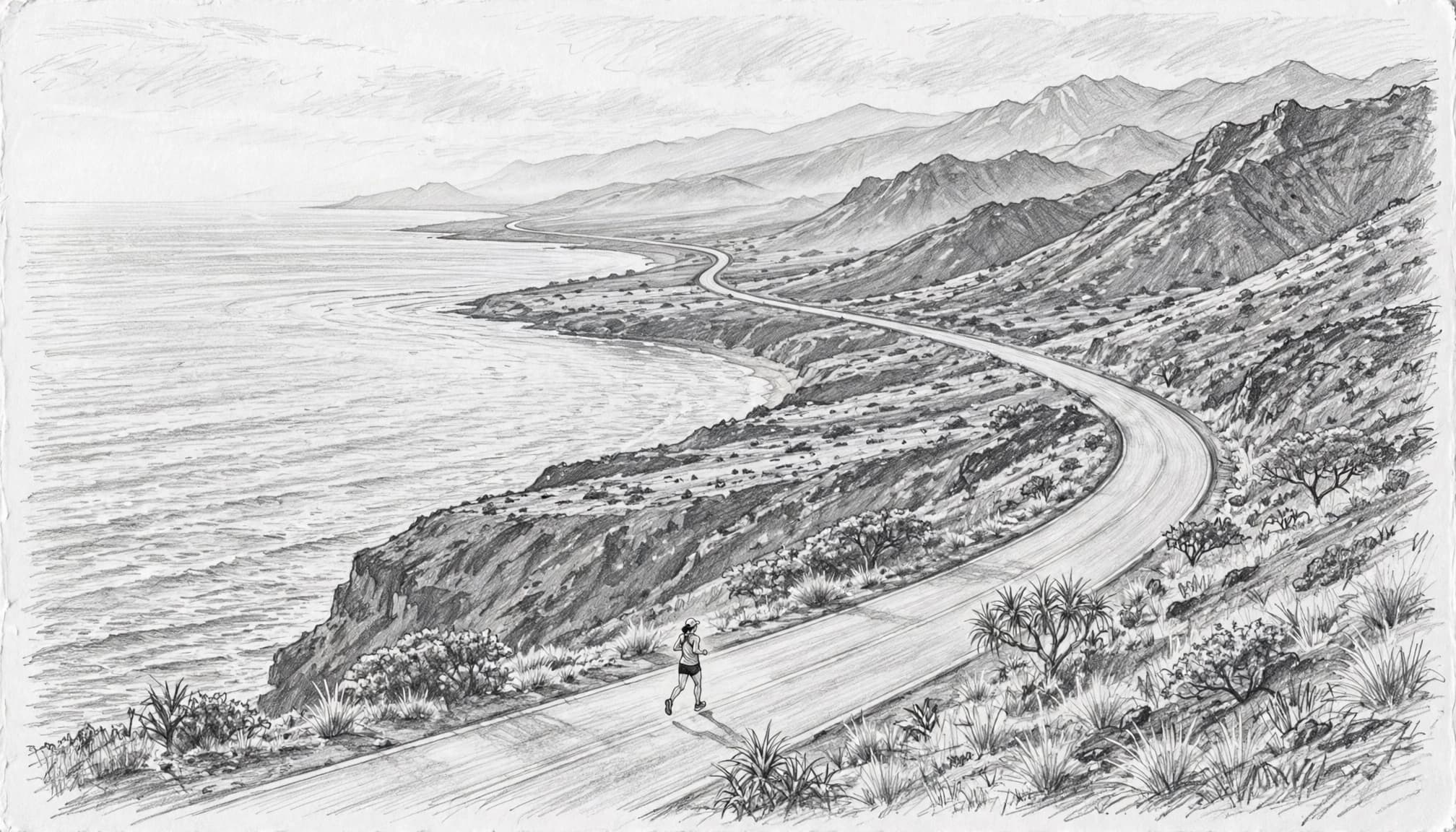 A lone runner on a curving road beside the ocean and volcanic mountains.