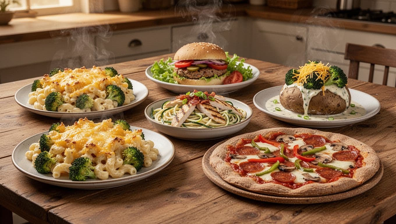Photorealistic family-style table view of five healthier comfort food dinners: baked mac and cheese with broccoli, turkey burger bowl, zucchini Alfredo with chicken, loaded baked potato, and whole wheat pizza. Cozy warm lighting with steam rising and detailed appetizing textures.