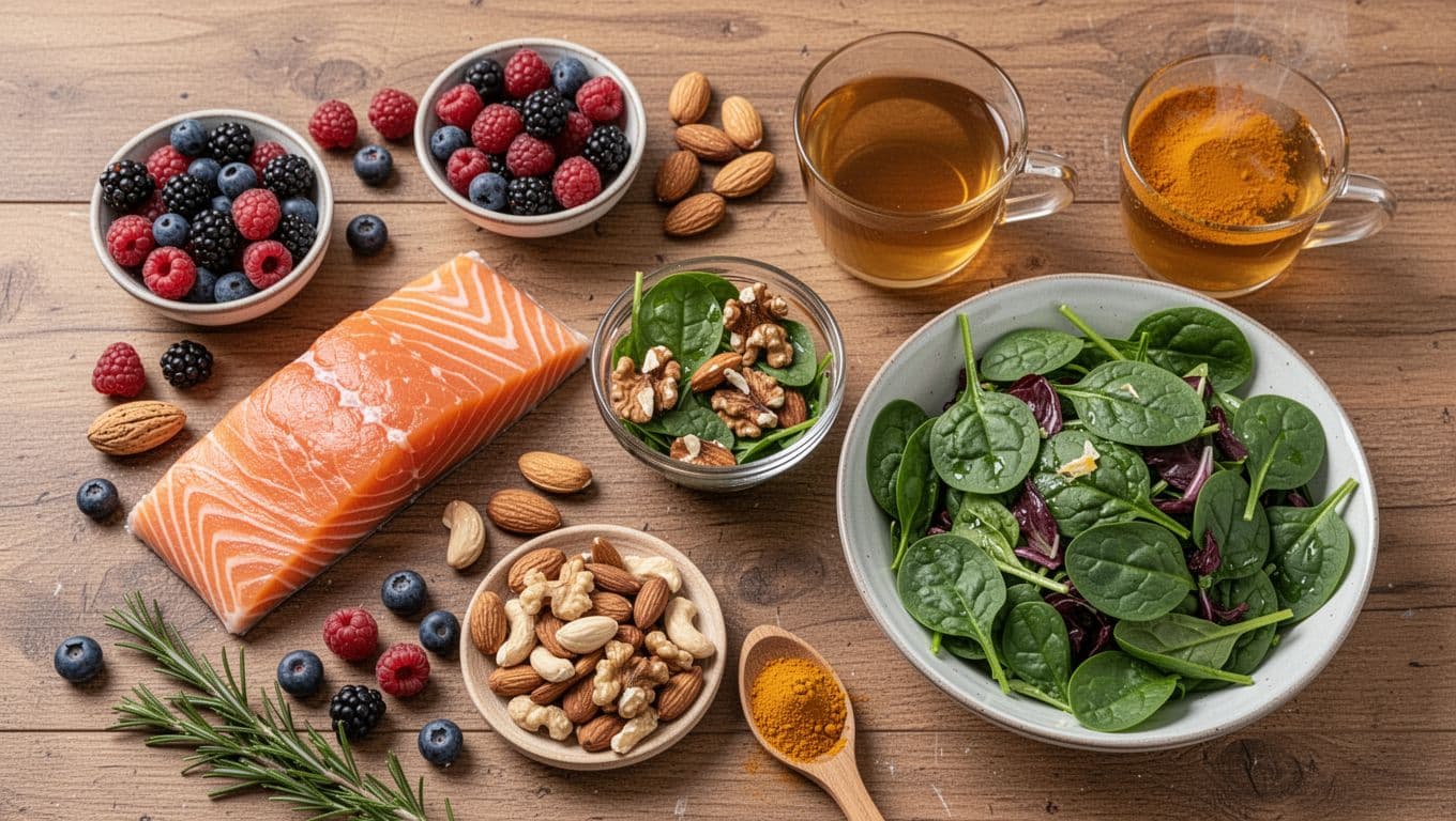 Close-up top-down view of fresh anti-inflammatory foods: salmon fillet, berries, nuts, spinach salad, turmeric tea arranged on a wooden table in natural lighting, cozy kitchen setting, photorealistic high detail.