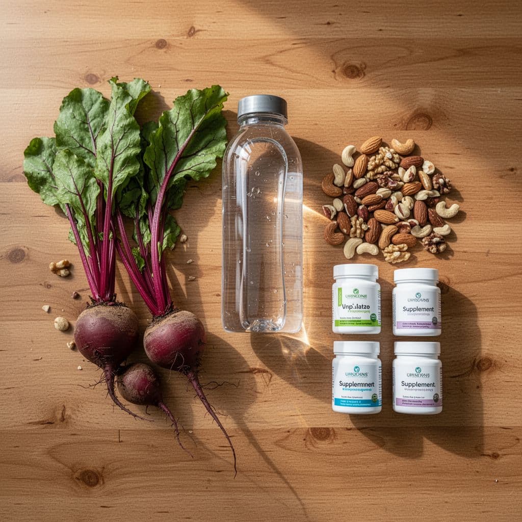 A wooden table displays a collection of raw vegetables, nuts, water, and athletic supplement containers.