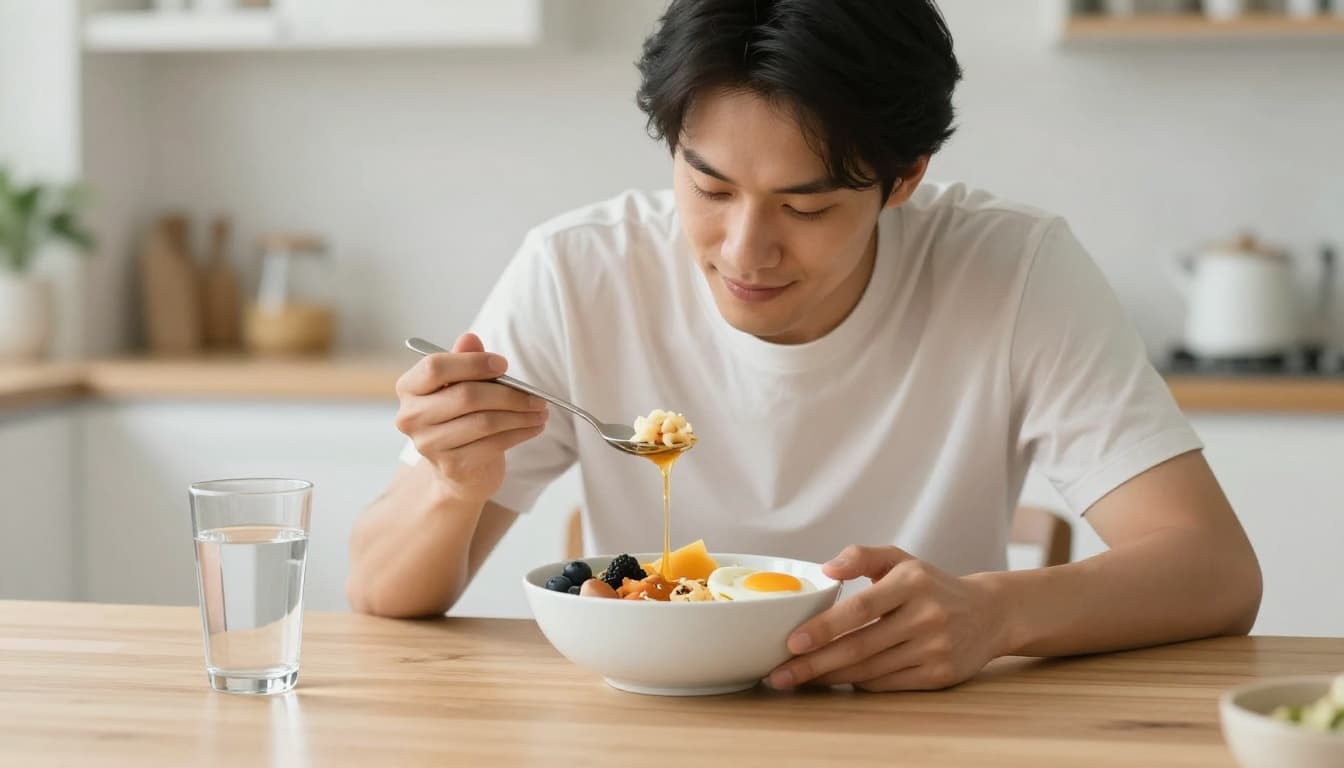 A person eats a healthy meal with a glass of water in a sunlit modern kitchen.