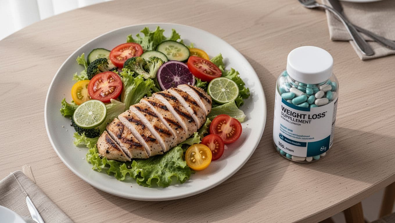Photorealistic top view of a low-fat grilled chicken salad with vegetables on a plate next to a bottle of weight loss supplement pills on a dining table, soft natural light, no text or logos.