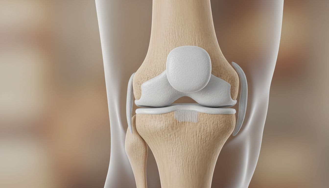 Close-up of a healthy human knee joint showing smooth cartilage cushioning bones in a realistic anatomical cross-section with soft natural lighting.